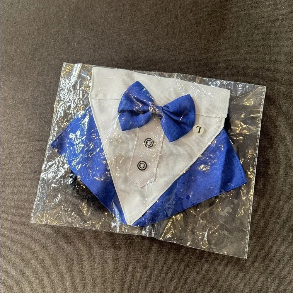 Blue and White Tuxedo Suit Design Pet Dog Bandana with attached Bow Tie NEW